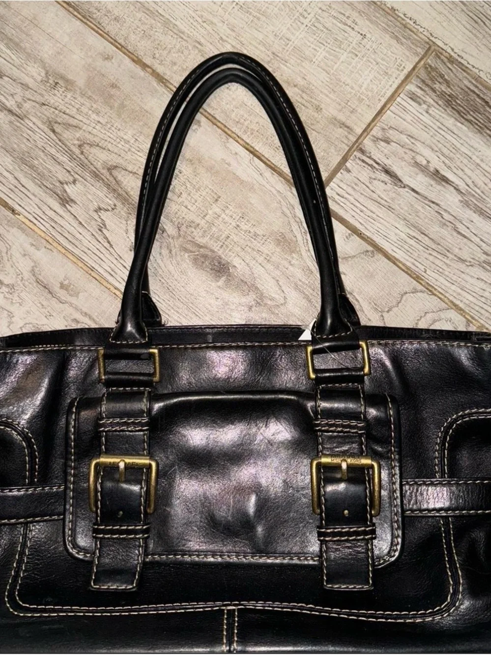 Vintage Michael Kors Black Leather Satchel with Brass Buckle
